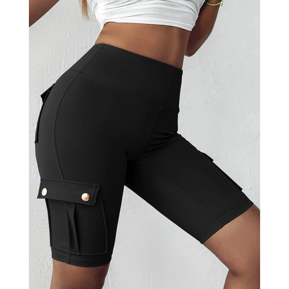 Tummy Control Butt Lifting Active Shorts High Waist Flap Pocket Workout Bermuda Cargo Running Shorts