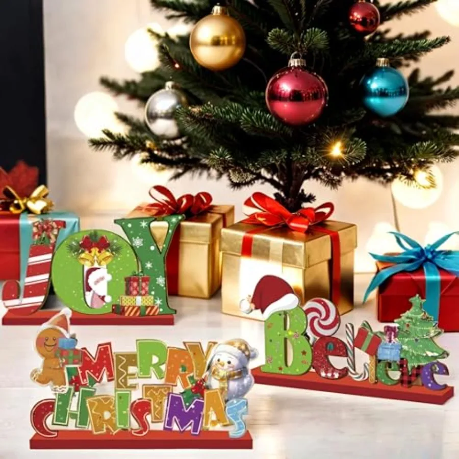 3Pcs Christmas Table Decorations Merry Christmas Tabletop Wooden Sign and Blieve Sign Joy Wood Sign Centerpiece Table Decoratio