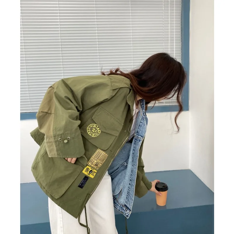 الاتجاه ربيع الخريف الدنيم المرقعة سترة طباعة سترة اسكواش الشارع الشهير كل مباراة فضفاضة الدنيم سترة المرأة بأكمام طويلة