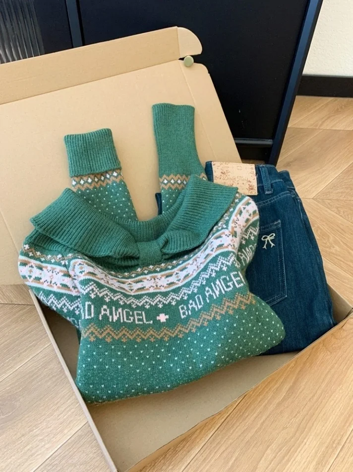 

Retro Fair Isle Knitted Sweater oulder Bared One-oulder Slimming Women's Faion Soft Long Sve ort Length Warm Top