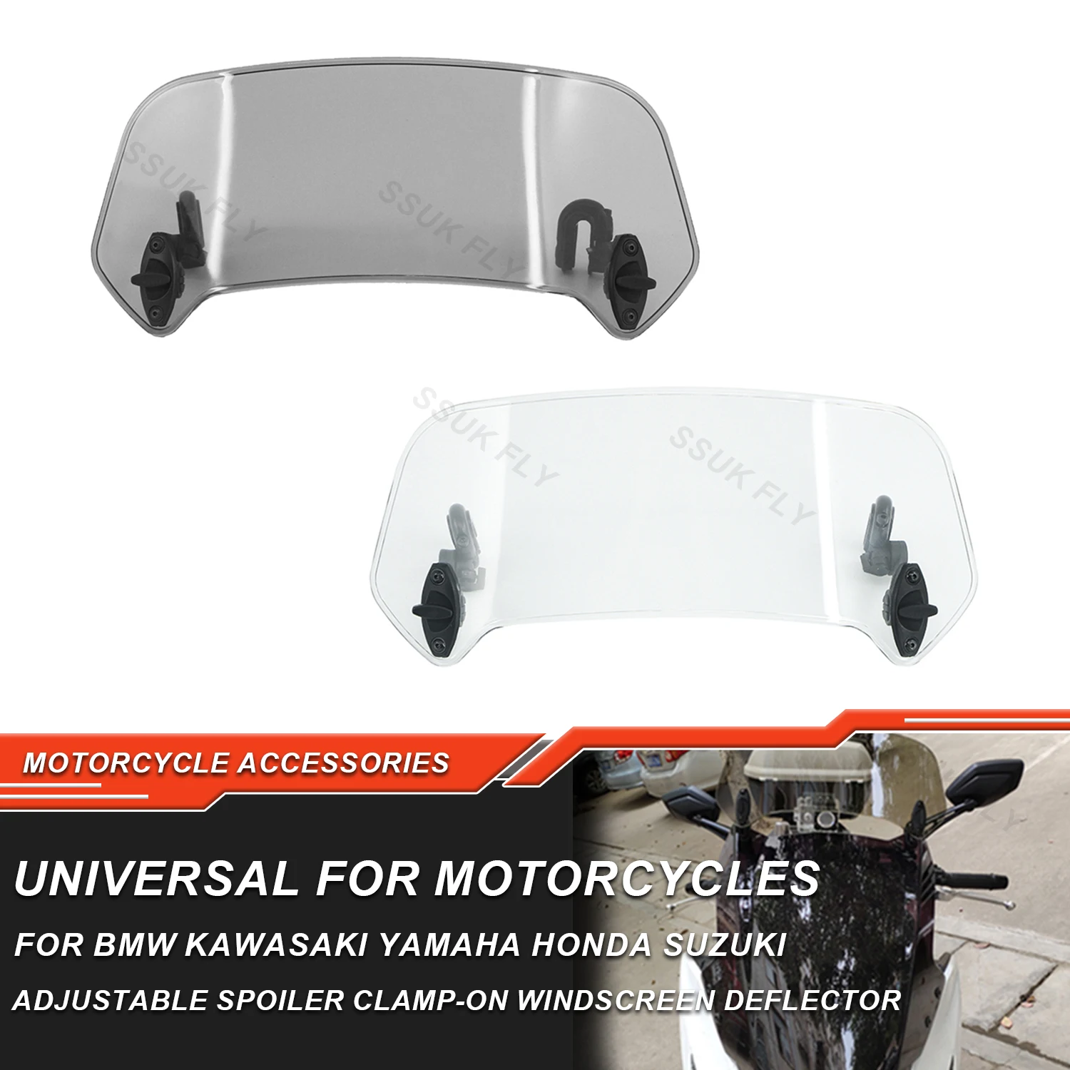 

Universal Motorcycle Windshield Extension Adjustable Spoiler Clamp-On Windscreen Deflector For BMW KAWASAKI YAMAHA HONDA SUZUKI