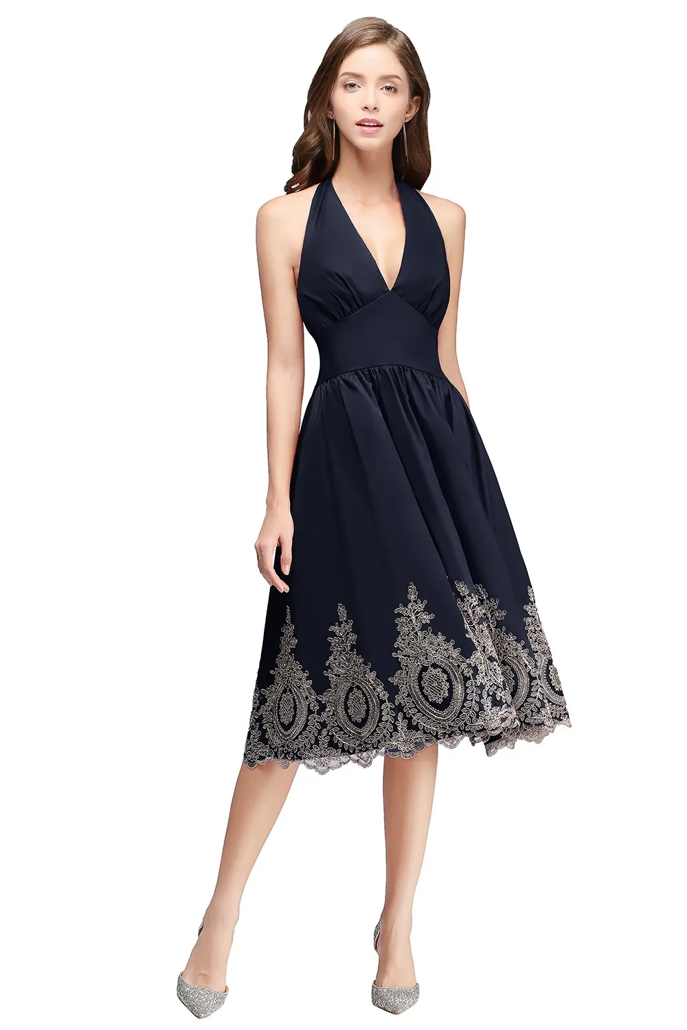 

Evening Dresses Halter V-neck A-line Knee-length Formal Occasion Dresses Sleeveless Prom Dress Applique Birthday Dresses Luxury