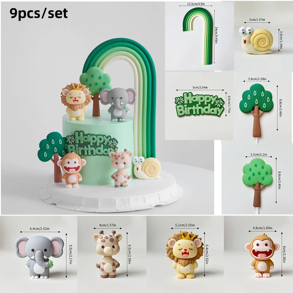 Kuchenaufsatz mit Waldtiermotiv, Affe, Löwe, Giraffe, Elefant mit Regenbogenbaum, Tischdekoration für Babyparty, Geburtstagsfeier – Detail 5