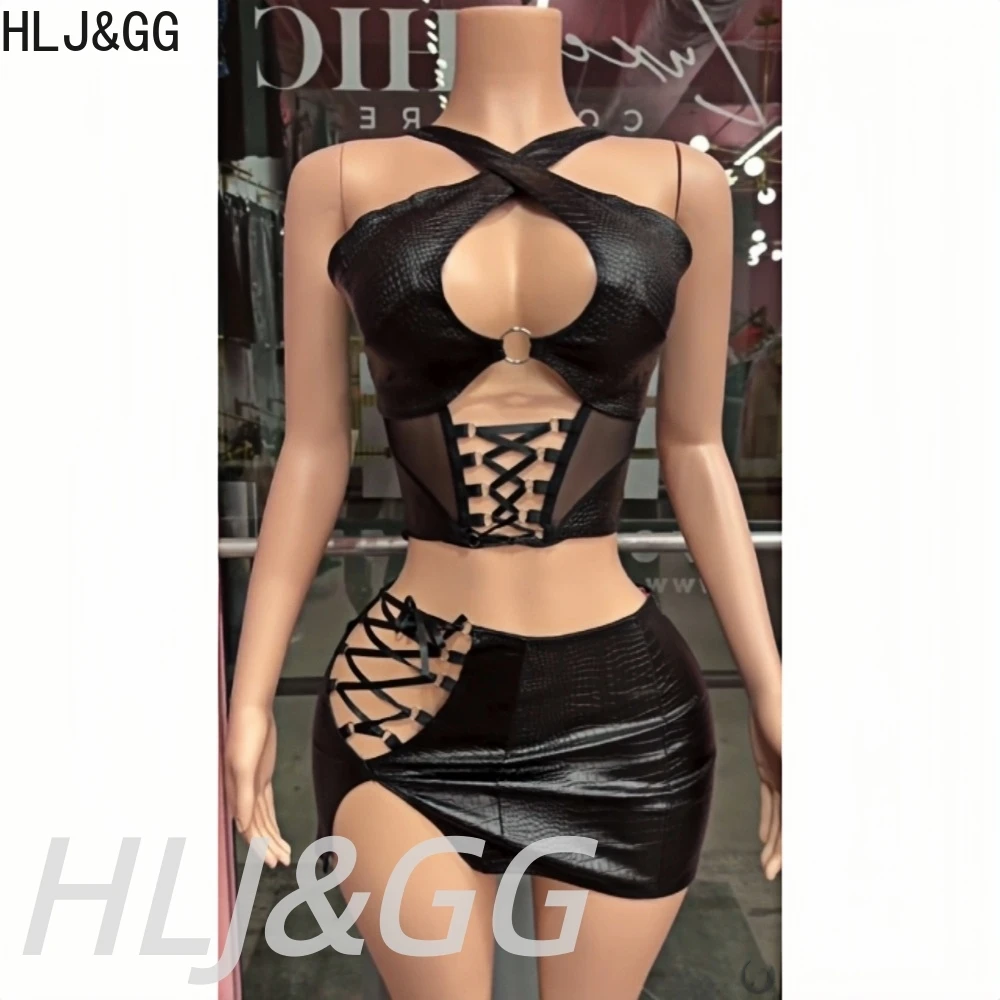 

HLJ&GG Black Sexy Leather Hollow Bandage Two Piece Sets Women Sleeveless Backless Slim Crop Top And Mini Skirts Outfits Clubwear