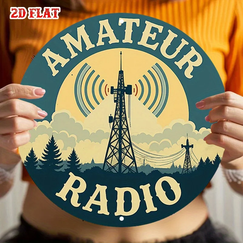 قطعة واحدة من ديكور الحائط لراديو الهواة العتيق - لافتة محطة راديو هام الرجعية مع برج وهوائي ونص راديو AMATEUR - أزرق مخضر وبني Retr