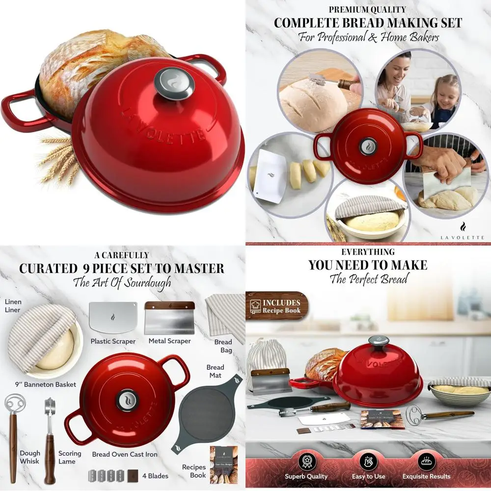 

Complete 9-Piece Bread Baking Set: Enamel Cast Iron Pan with Lid, Dutch Oven, Silicone Mat, Banneton, 6-Quart Red