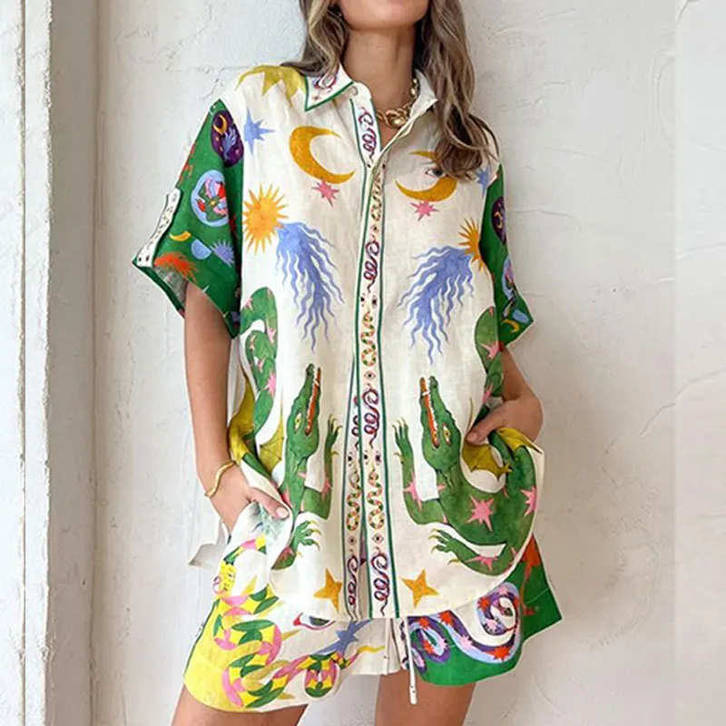 High Quality 2024 Summer Temperament Commuting Printing Three Quarter Sleeve Casual Women Shirt Blouses Fashionable Shorts Set