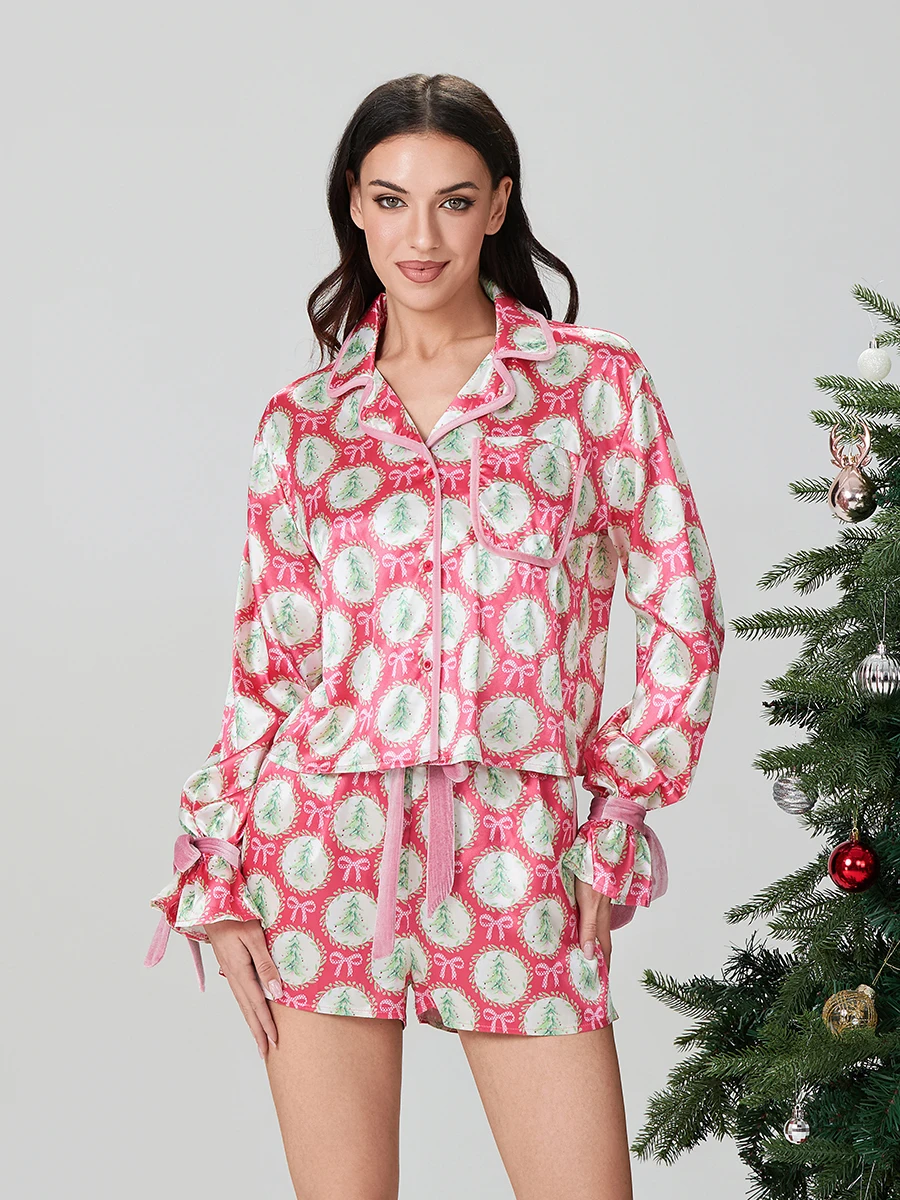 Women Christmas Pajama Set Santa Tree Print Lapel Neck Button-up Long Sleeve Tops Shorts 2-Piece Loungewear Outfit