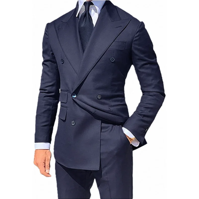 

Navy Blue Double Breasted Groom Tuxedos Wedding Peaked Lapel 2 Piece Jacket Pants Set Costume Homme Formal Slim Fit Men Suits