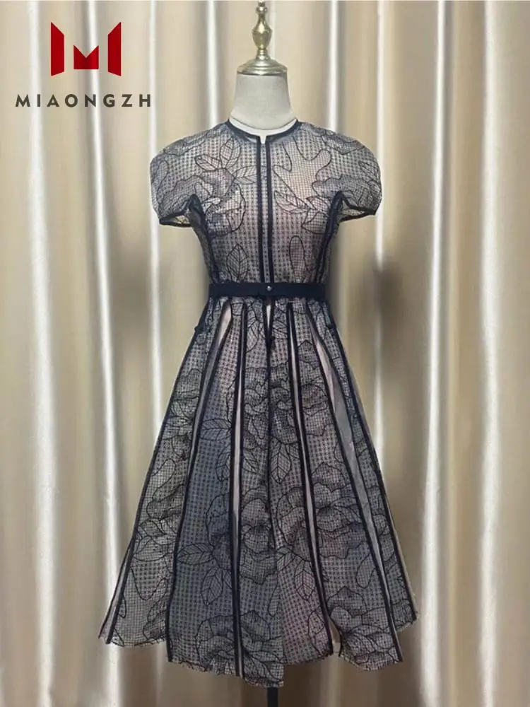 2024 Summer New Embroidery Party Dresses For Women O Neck Short Sleeve Mesh Lace Spliced Flower High Waist Female Midi Vestidos