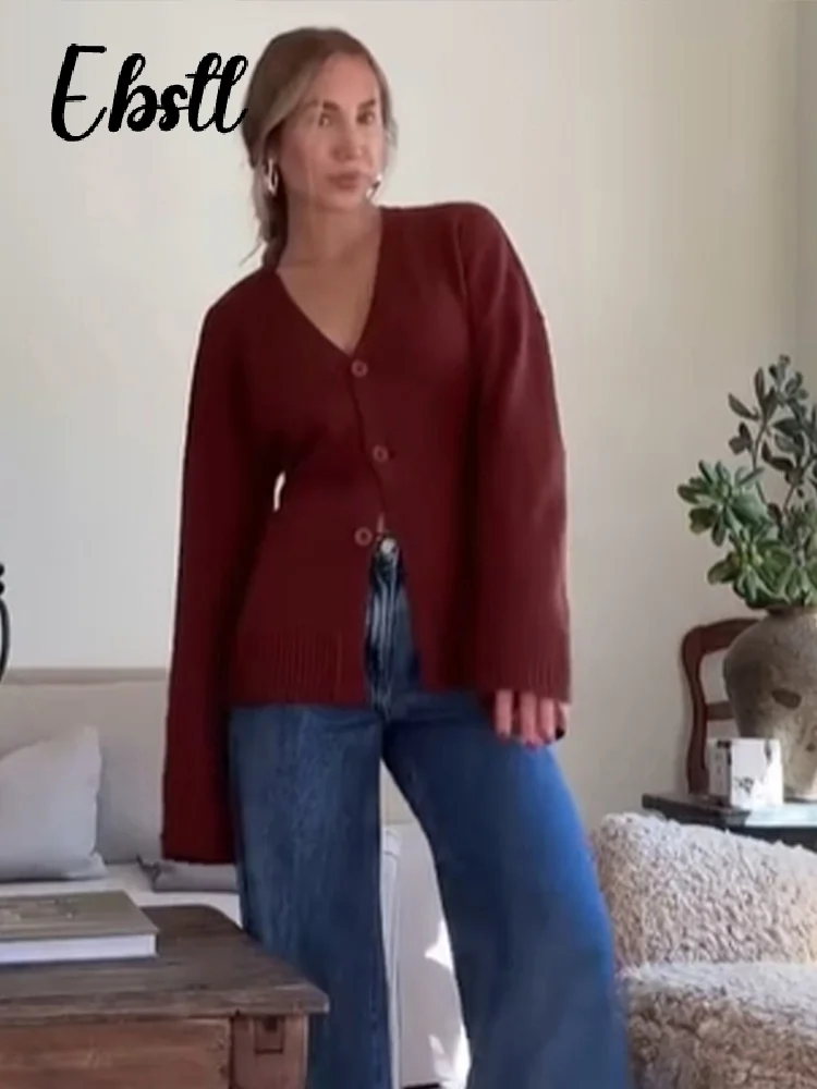 

Elegant Solid Flare Sleeve Female Cardigan Knitted V-neck Women Sweater 2024 Autumn Winter Single Breasted Slim Lady Knitwear