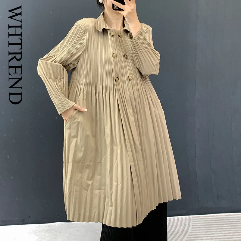 WHTREND خريف جديد معطف فضفاض مطوي منتصف طول مزدوجة الصدر طويلة الأكمام سترة معطف للنساء WH2029