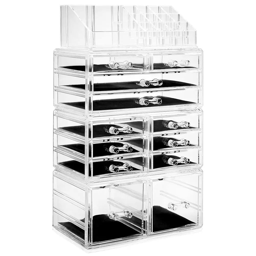

Acrylic Cosmetic Makeup Organizer & Jewelry Storage Display Case - Large 16 Slot, 2 Box & 10 Drawer Set - Clear