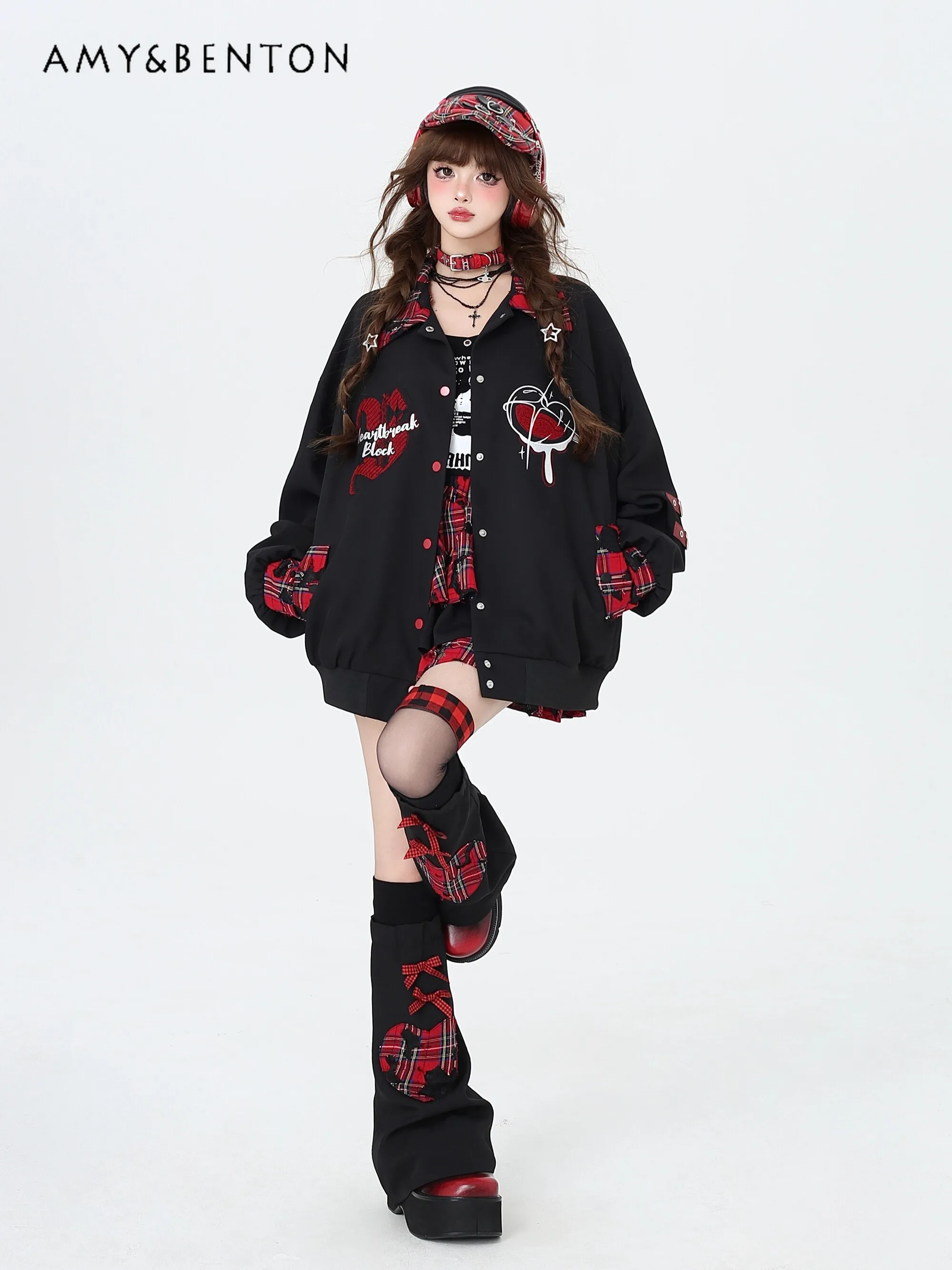 Subculture Gothic Embroidery Plaid Splicing Leather Buckle Jacket Autumn Winter New Harajuku Street Single-breasted Jacket Women