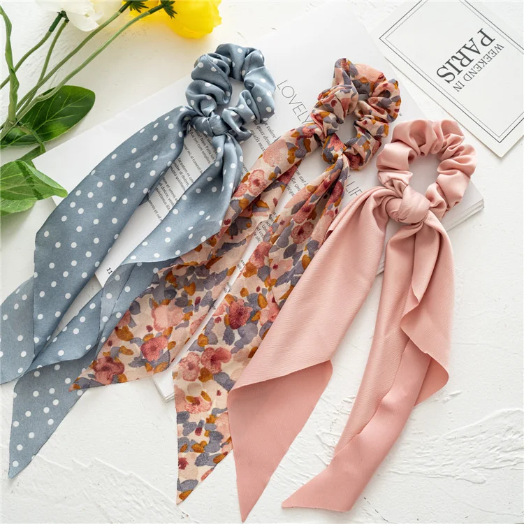 Floral Print Scrunchies Chiffon Bow Elastic Hair Bands Women Hair Ties Rubber Bands Ponytail Scarf Fashion Accessories Headwear