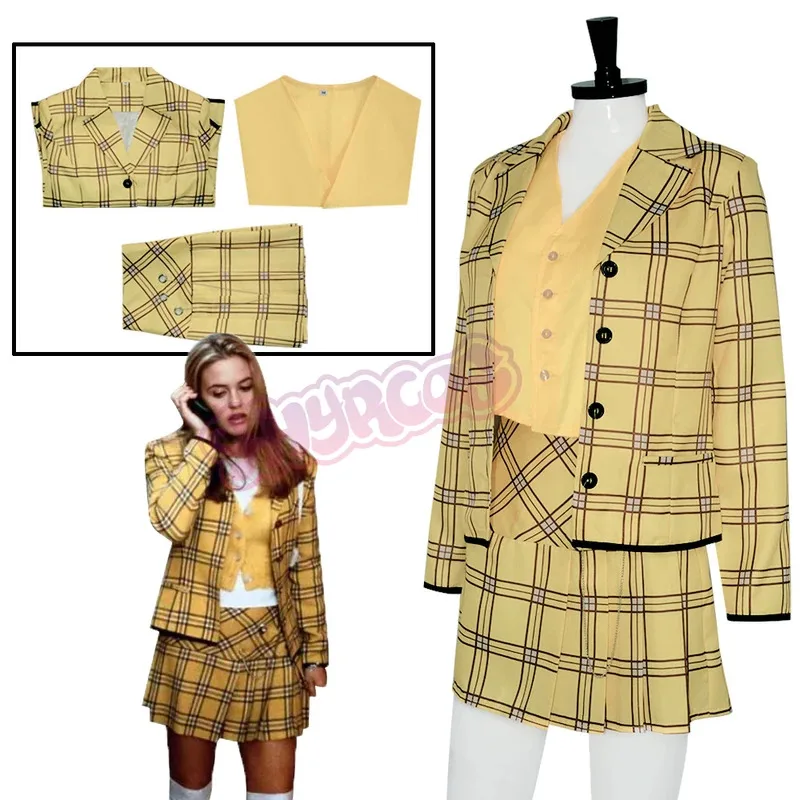 

Clueless Cher Horowitz Косплей Школьная форма Желтая клетчатая одежда Clueless Костюм Платье Куртка Жилет Юбка Комплект Хэллоуина