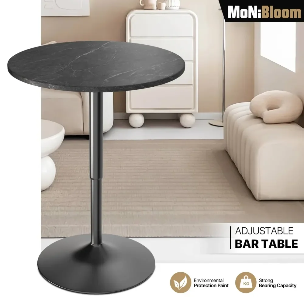 

Bar Table Round High Top Table, 27.5 36 HeightAdjustable Bar Table With Black Marble Texture Top And Black Base, Modern Style, S