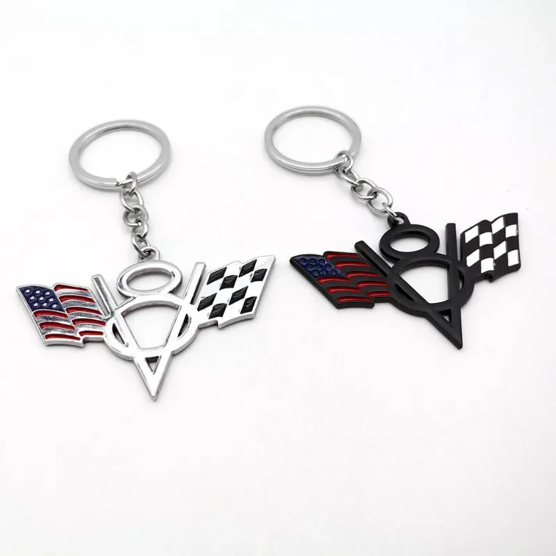 3D Metal V8 Flag Logo Keychain Keyring Car Emblem Badge Key Rings Holder For Chevrolet Doge Jeep Ford Accessories