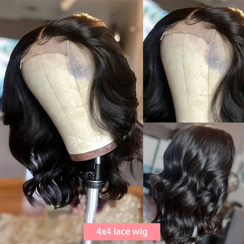 Pelucas de cabello humano brasileño Remy, pelo corto con encaje frontal, 200% densidad, transparente, Bob, ondulado, 13x4, 12, 14 y 16 pulgadas