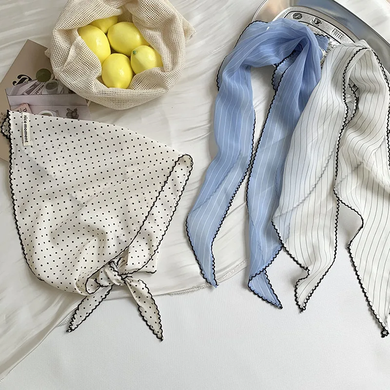 Headscarf Summer female pastoral Korean multi-functional fashionable sunscreen breathable polka dot silk scarf striped triangle