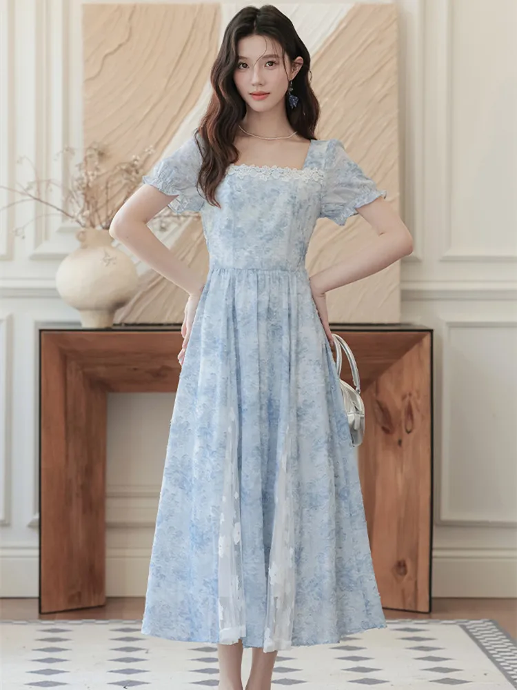 

Elegant Chiffon Flower Printed Midi Dresses Lace Patchwork Puff Sleeve Slim Dress Fashion Split A Line Princess Party Clothes