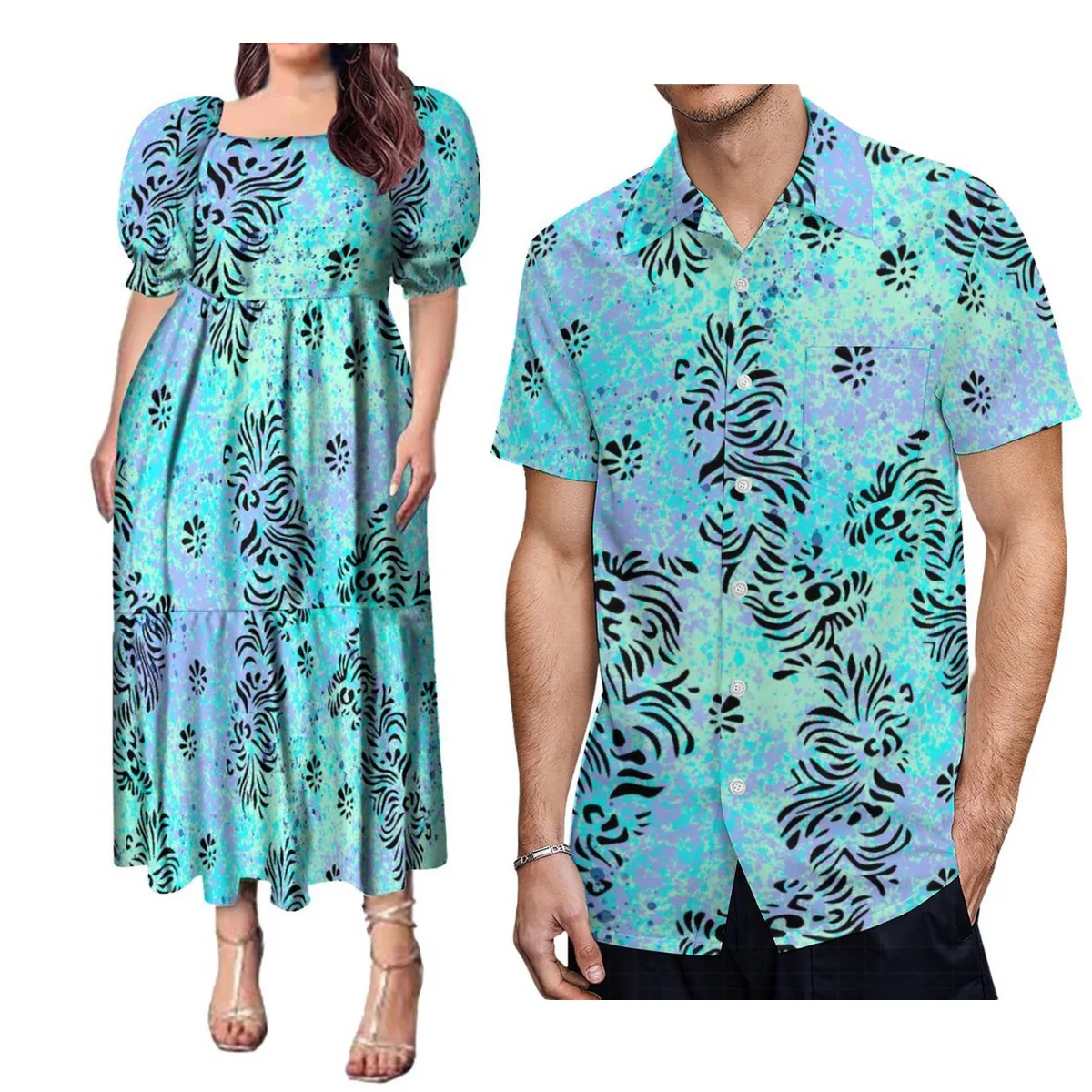 

Polynesian Hawaiian Style Printed Ladies' Ruffled Bubble Skirt And Men'S Shirt Match Stylish Couple 2-Piece Set