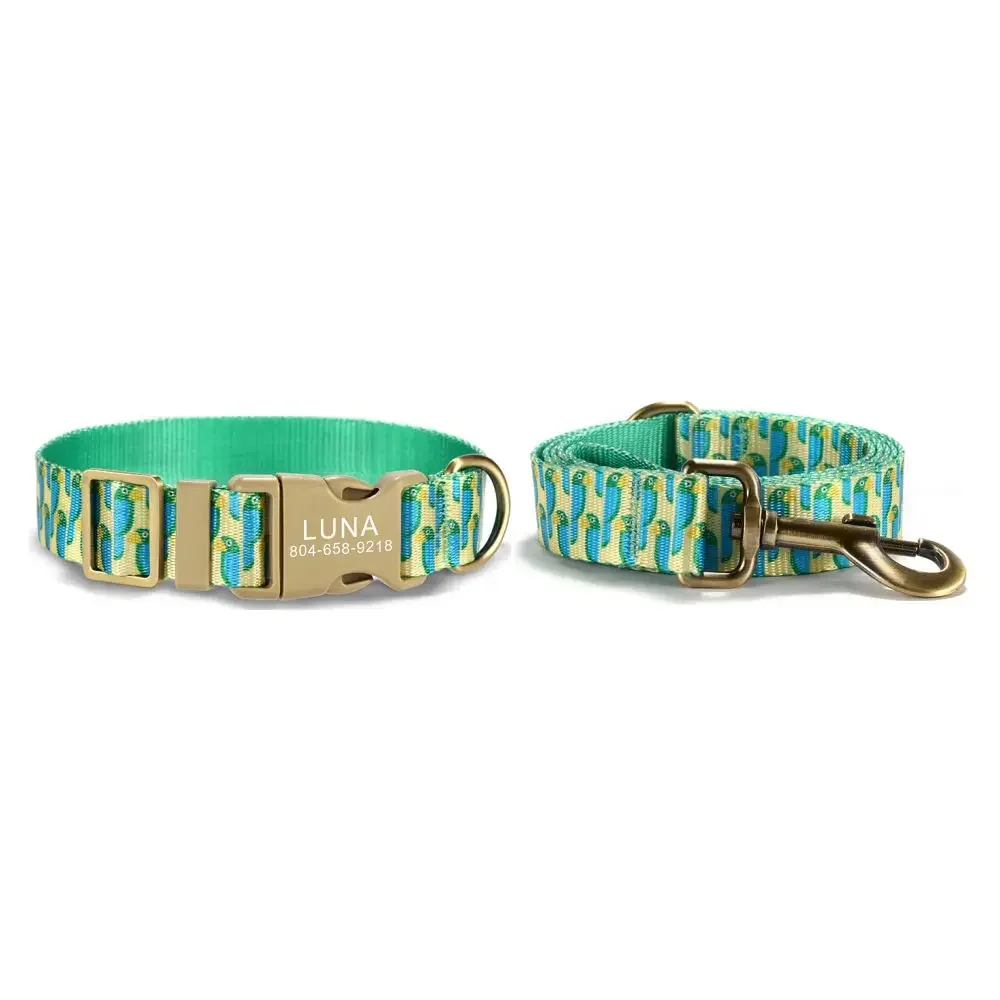 

Personalized Pet Collar, Customized Nameplate ID, Adjustable, Green Parrot, Soft Fiber, Cat and Dog Collars, Lead Leash