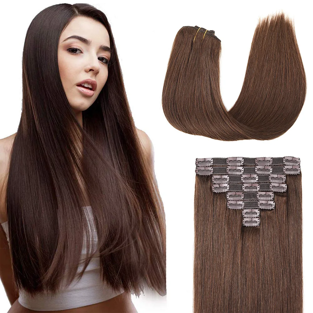 Straight Clip In Hair Extension Human Hair Clip Ins Seamless Double Skin Weft Clip Hair Extensions for Women Medium Brown #4