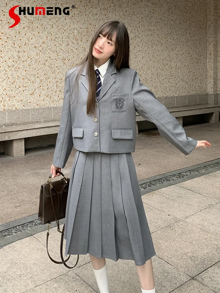 

Japanese Sweet Preppy Style Jk Uniform Suit Long Sleeve Single Breasted Tops High Waist Pleated Skirt Two-piece Set Women Autumn