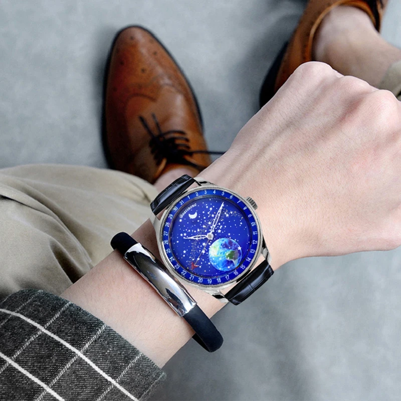 New 2022 Moon Leather Watch Japan Miyota8215 Movement Automatic Men Starry Sky Dial Luxury Self Winding Mechanical Wristwatches