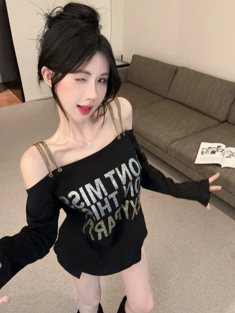 

Women's Black Gothic T-shirt Harajuku Y2k Tees Top Vintage Long Sleeve Asymmetrical T-shirts 2000s Emo Oversize Clothes
