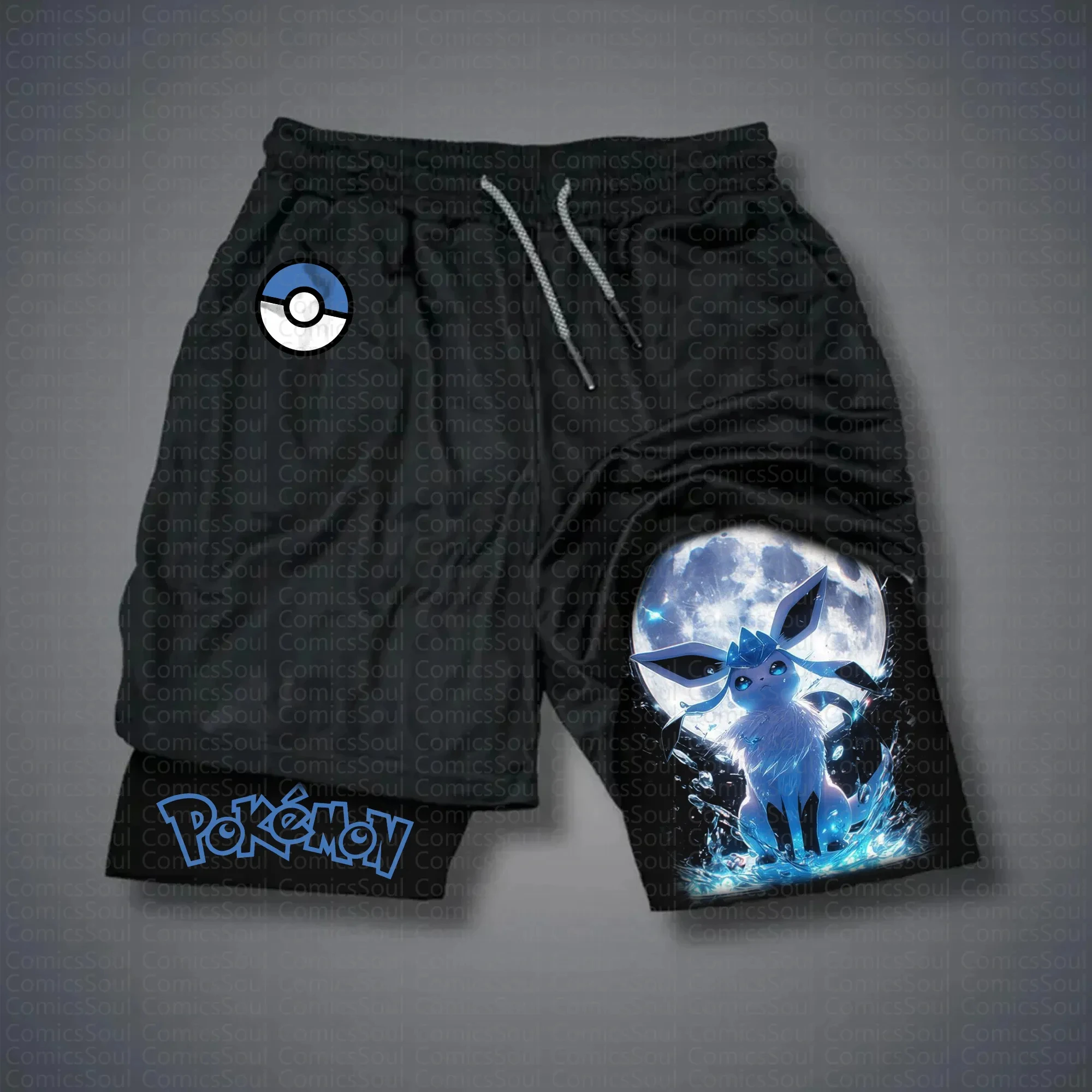 pokemon-eevee-agua-pedra-evolucao-preto-shorts-das-mulheres-dos-homens-2025-verao-anime-calcas-casuais-vaporeon-design-lua-onda-padrao