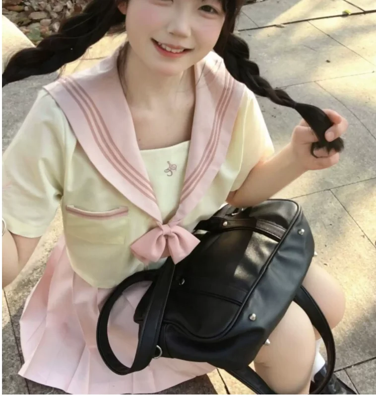 Summer New Short Sleeve Jk Sweet Girl Japanese Pink Navy Collar Shirt Fashion High Waist A-line Age-reducing Pleated Skirt Sets