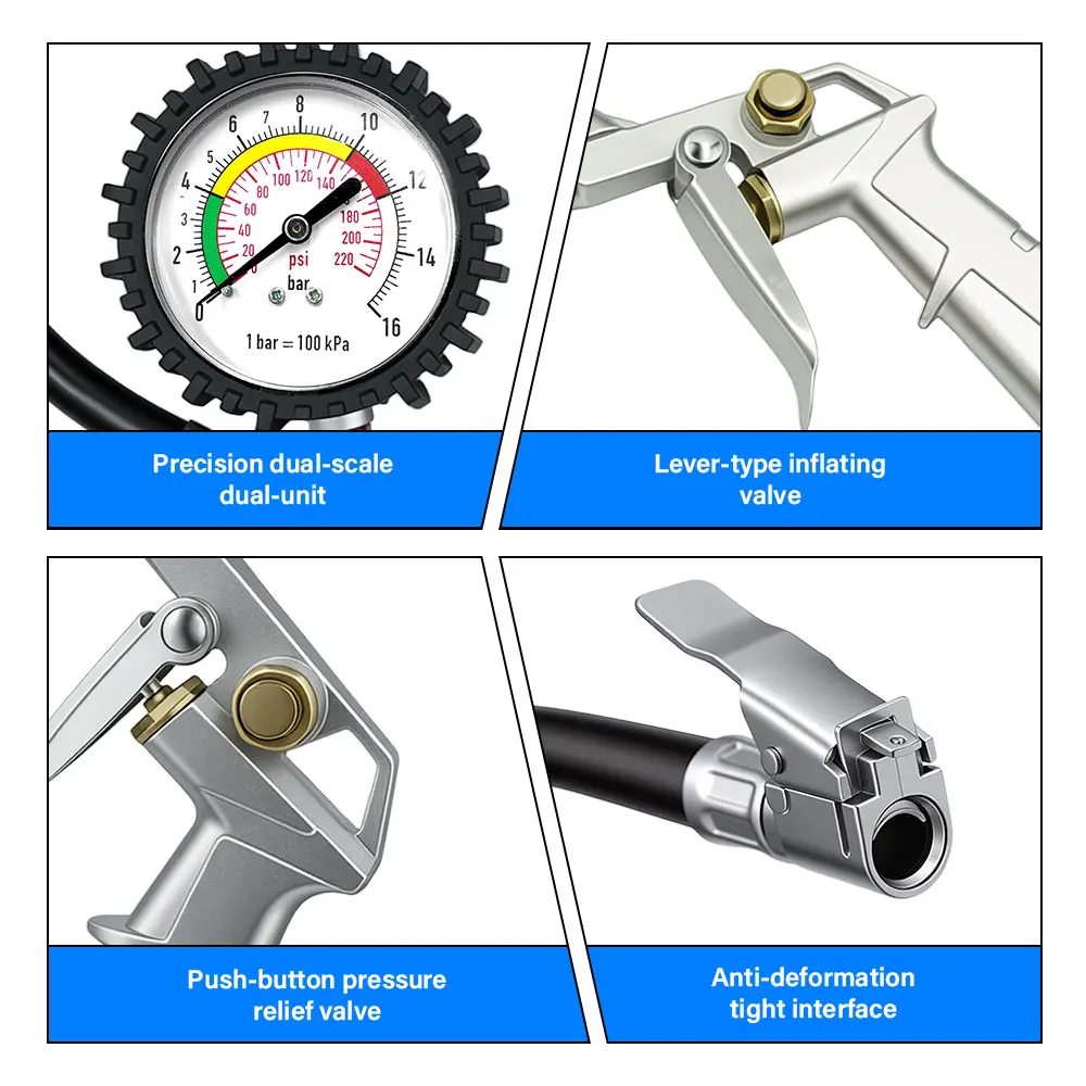 220PSI 16Bar Car Tire Pressure Gun Multi Function Inflator Monitor Tool High Precision Dial Gauge For Air Compressor