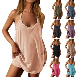New Women's Clothing Solid Color Sleeveless Round Neck Beach Vacation Short Skirts Loose Set Woman 2 Pieces