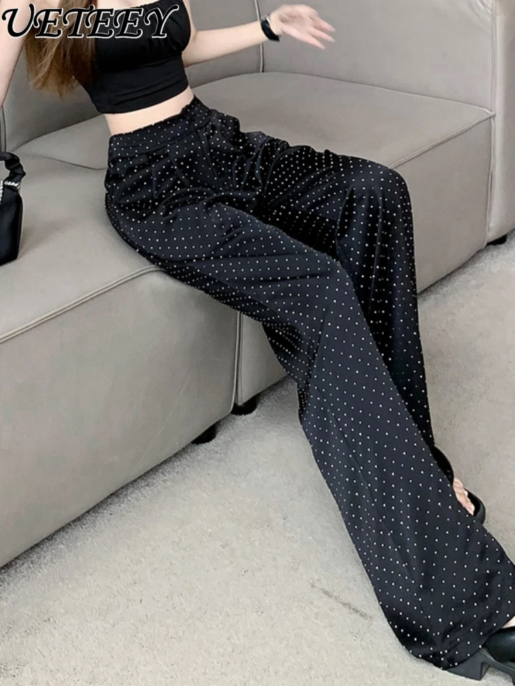 Cool Girl Casual Pants for Women Summer New Exquisite Rhinestone Loose Drooping Acetate Satin Black Wide Leg Mop Trousers