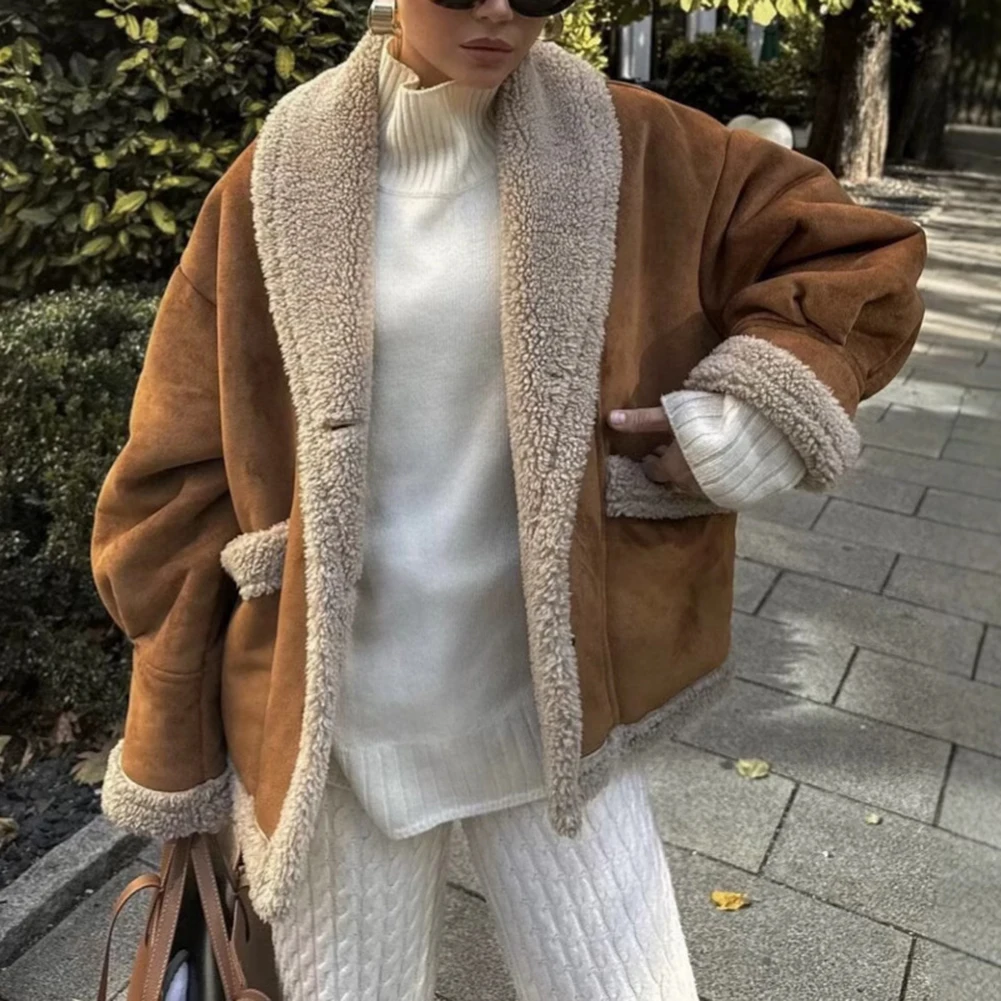 

Long Sleeve Winter Fleece Cardigan for Women Plush Warm Outerwear Coat Street Style Jacket for Outdoor Activities