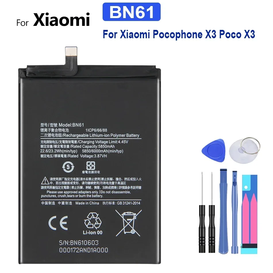 Replacement Phone Battery BN57, BN61, 5160mAh-6000mAh, for Xiaomi Pocophone X3, Poco X3 Pro, X3Pro, Tool