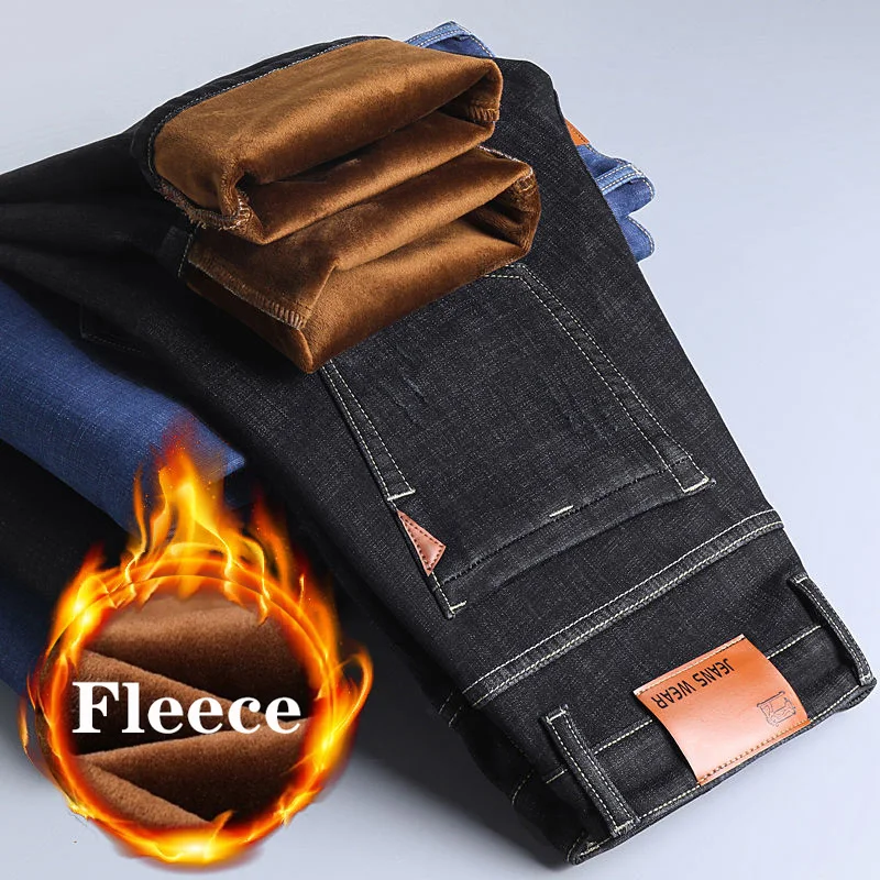 Winter Fleece Warm Men's Jeans Business Fashion Straight  Blue Stretch Denim Trousers Classic Men's Pants Plus Size 28-40