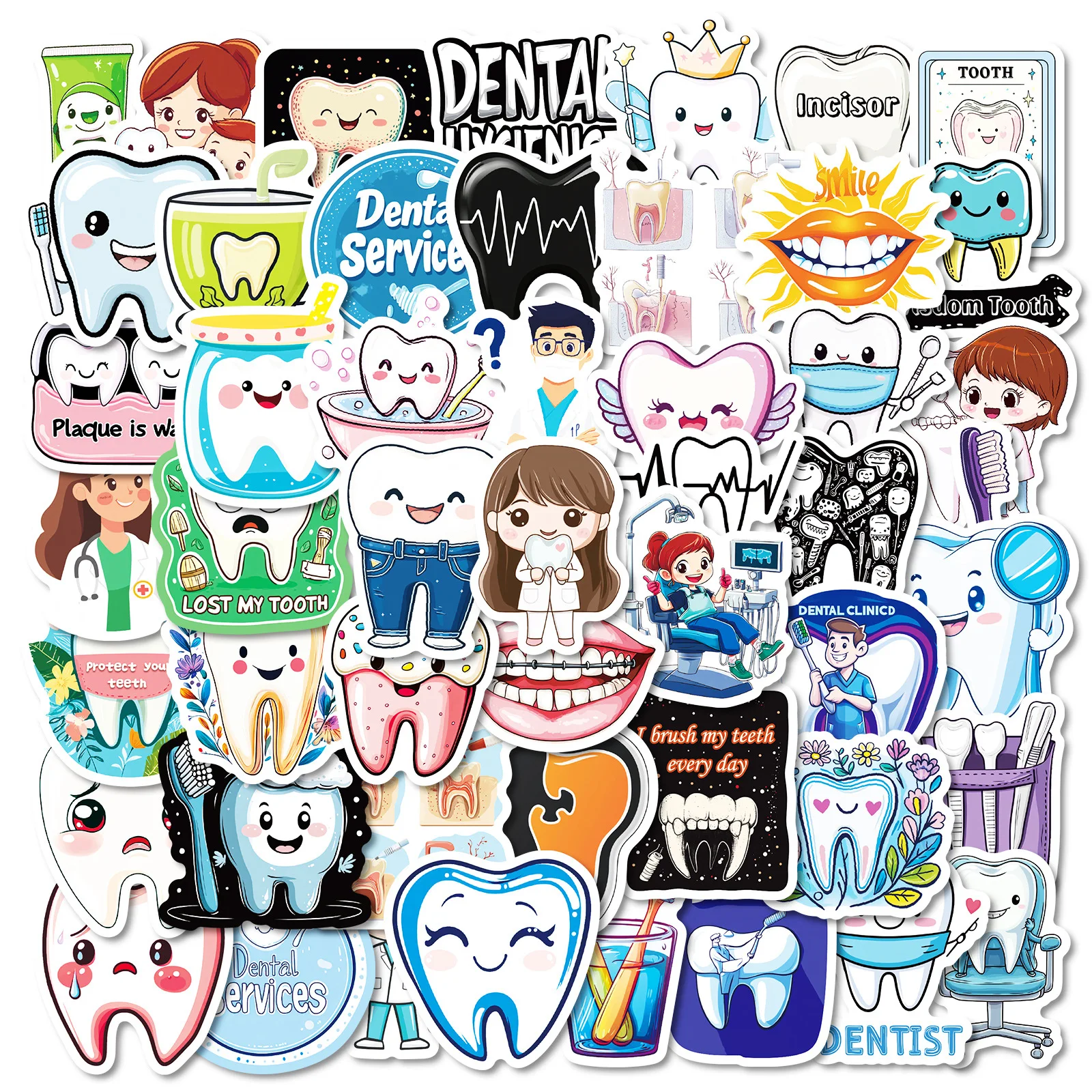 

10/50PCS Cute Funny Teeth Care Protect Tooth Stickers Waterproof Graffiti Scrapbook Skateboard Laptop Guitar Motorcycle Sticker