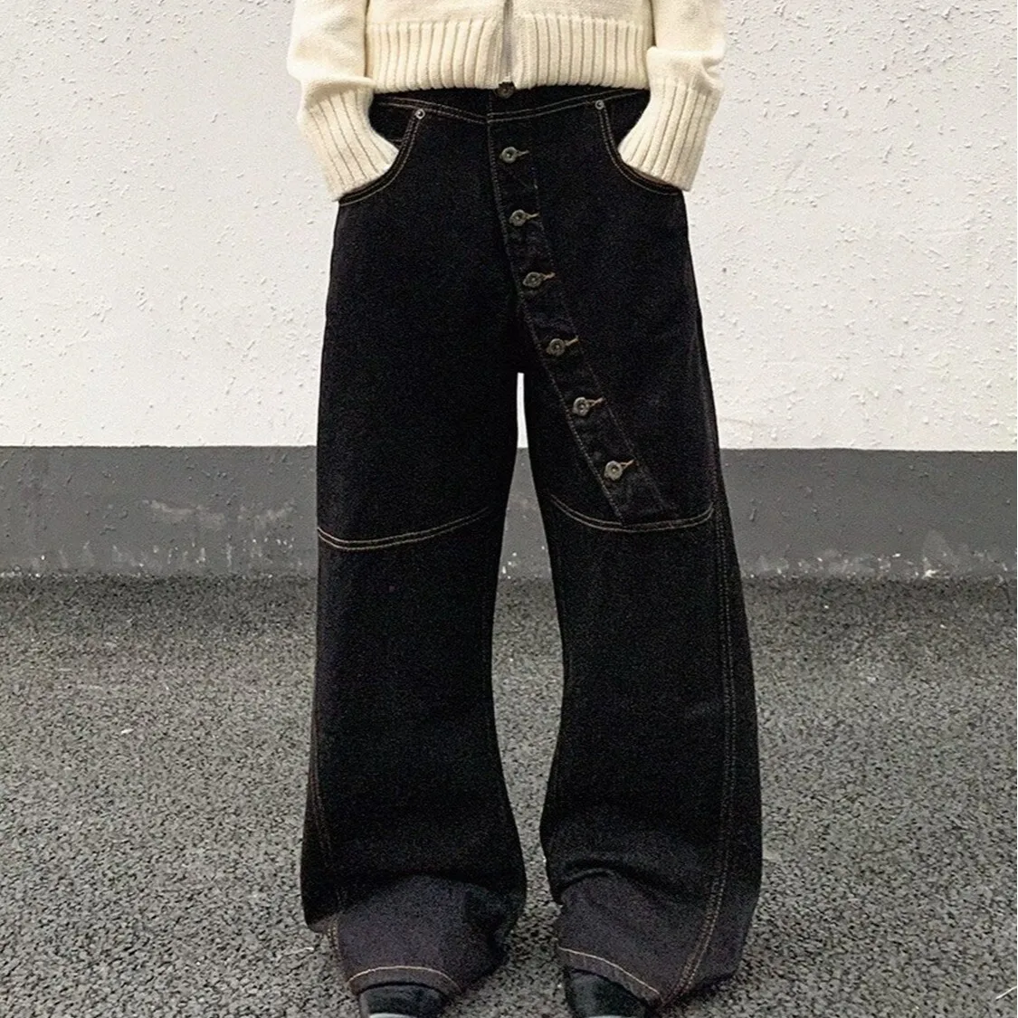 Lente en herfst zwarte losse broek met wijde pijpen met meerdere knopen - unisex high-end veelzijdige casual luie flare denim jeans met lage taille
