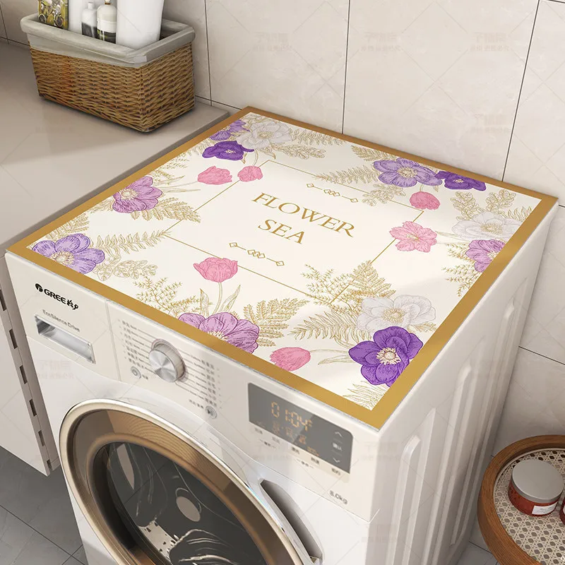 VIKAMA Vintage Bird Floral Washing Machine Top Mat Yellow Chain Border Happy Letter Waterproof Anti Dust Dryer Surface Pad