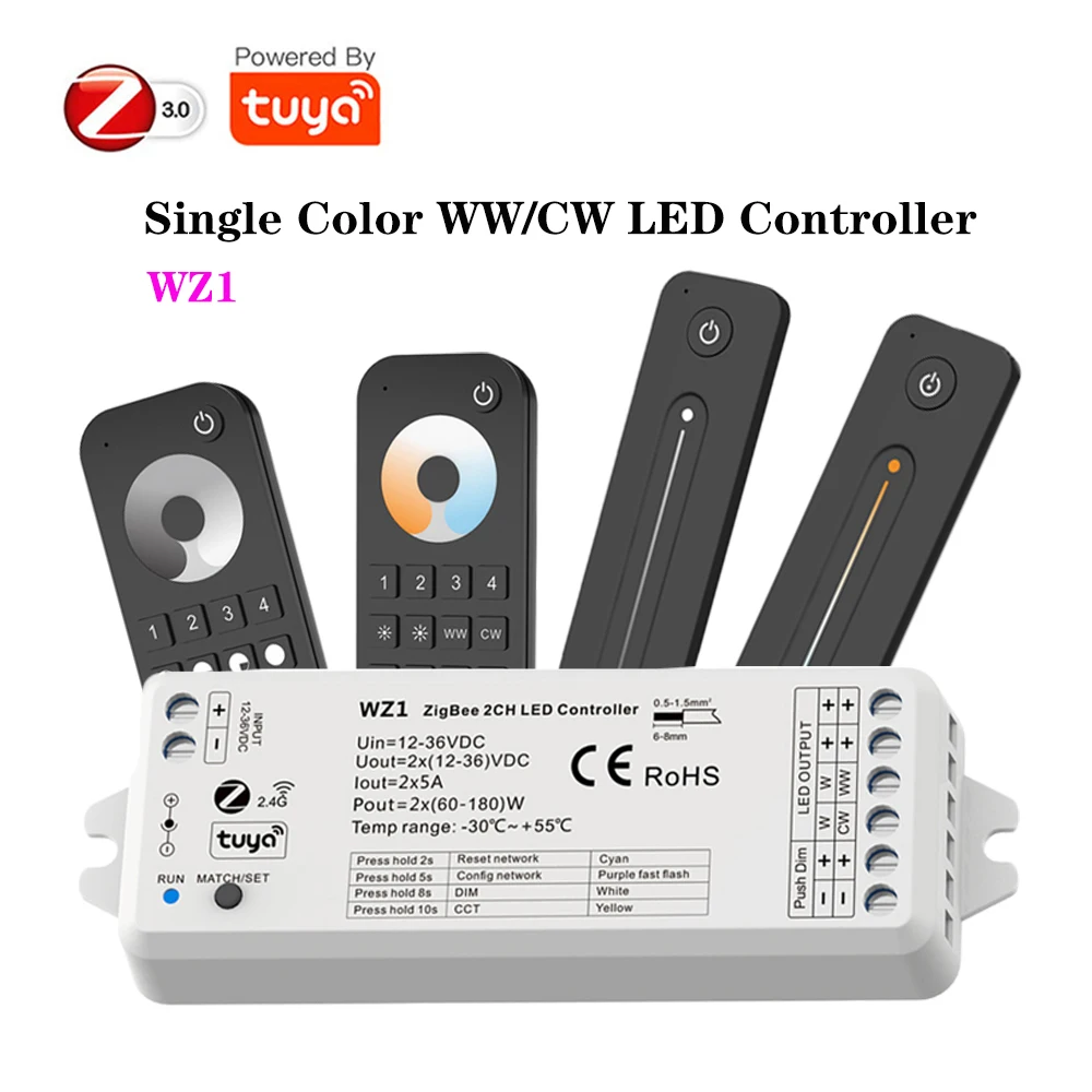 

Tuya Zigbee3.0 2CH Led Controller WZ1 Dimmer CCT WW/CW Single Color Strip Controller 2.4G Wireless Remote Control voice Control