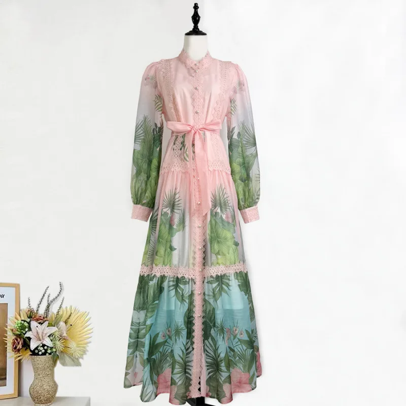 Tropische print Lace Splice Lantern Sve Holiday Dr Country Sle midden taille fluwelen stof lang Sve Thiened Dr