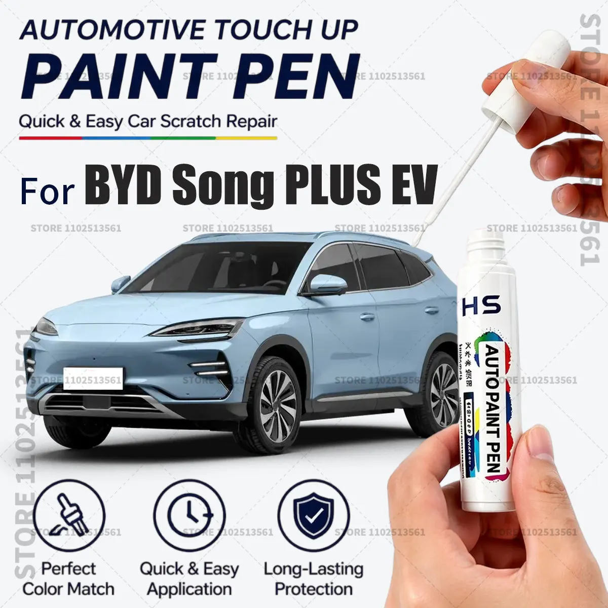 Caneta de Reparo de Pintura Automotiva para BYD Song PLUS EV 2021-2025 Restaura Acabamento Original de Fábrica Azul Azure, Branco STD, Cinza WAZ 082