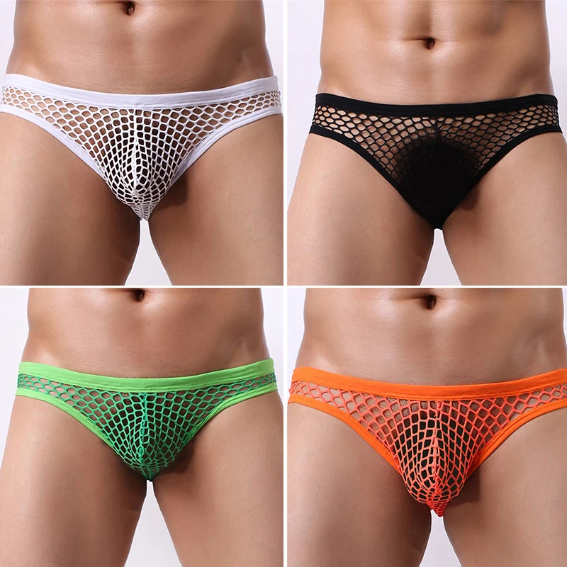 Men\'s Sexy See Through Underwear Hollow Out Breathable Briefs Swimwear Solid Trunks Beachwear Low Rise Brief Mesh Sissy Lingerie