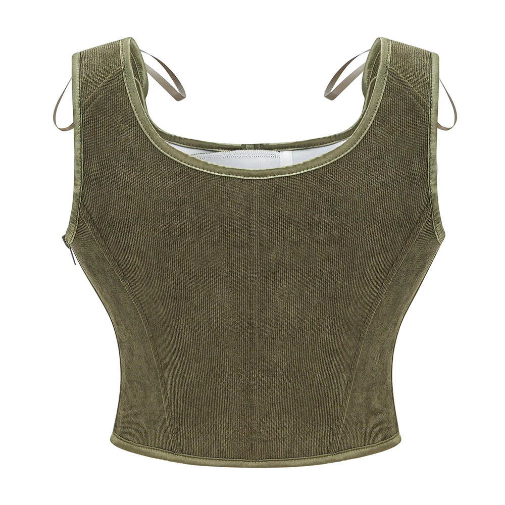 Army Green Victorian Vintage Vest Female Side Zipper& Front Lace Up Tank Top Corset Punk Goth Clothing Sexy Corselet Feminino