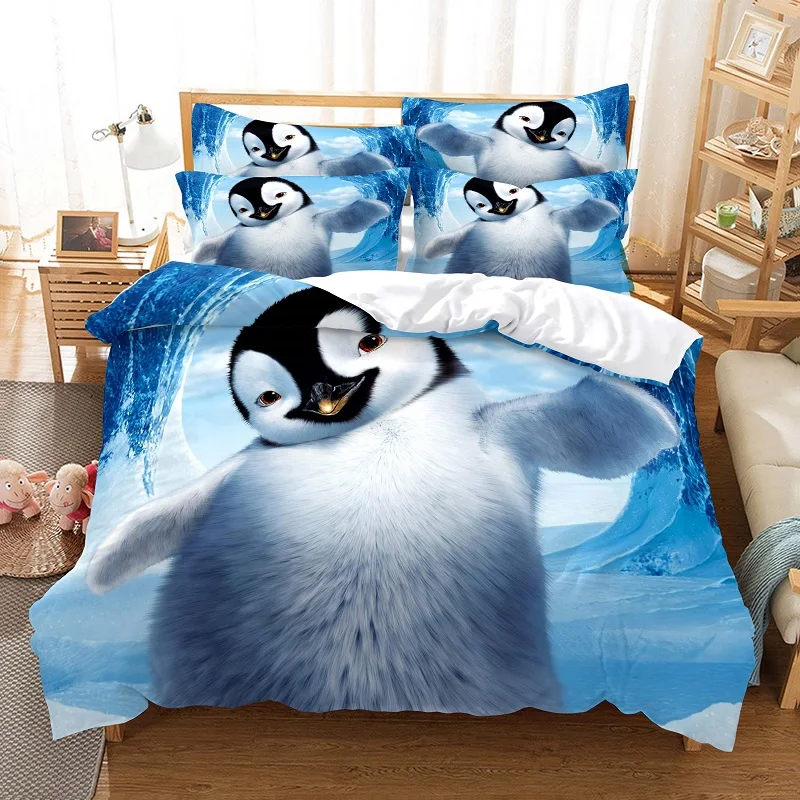 

3D Digital - Printed Nette Penguins Bed Linen Set: Fashion - designed Duvet Cover with Pillowcases for Stylish Bedroom Decor