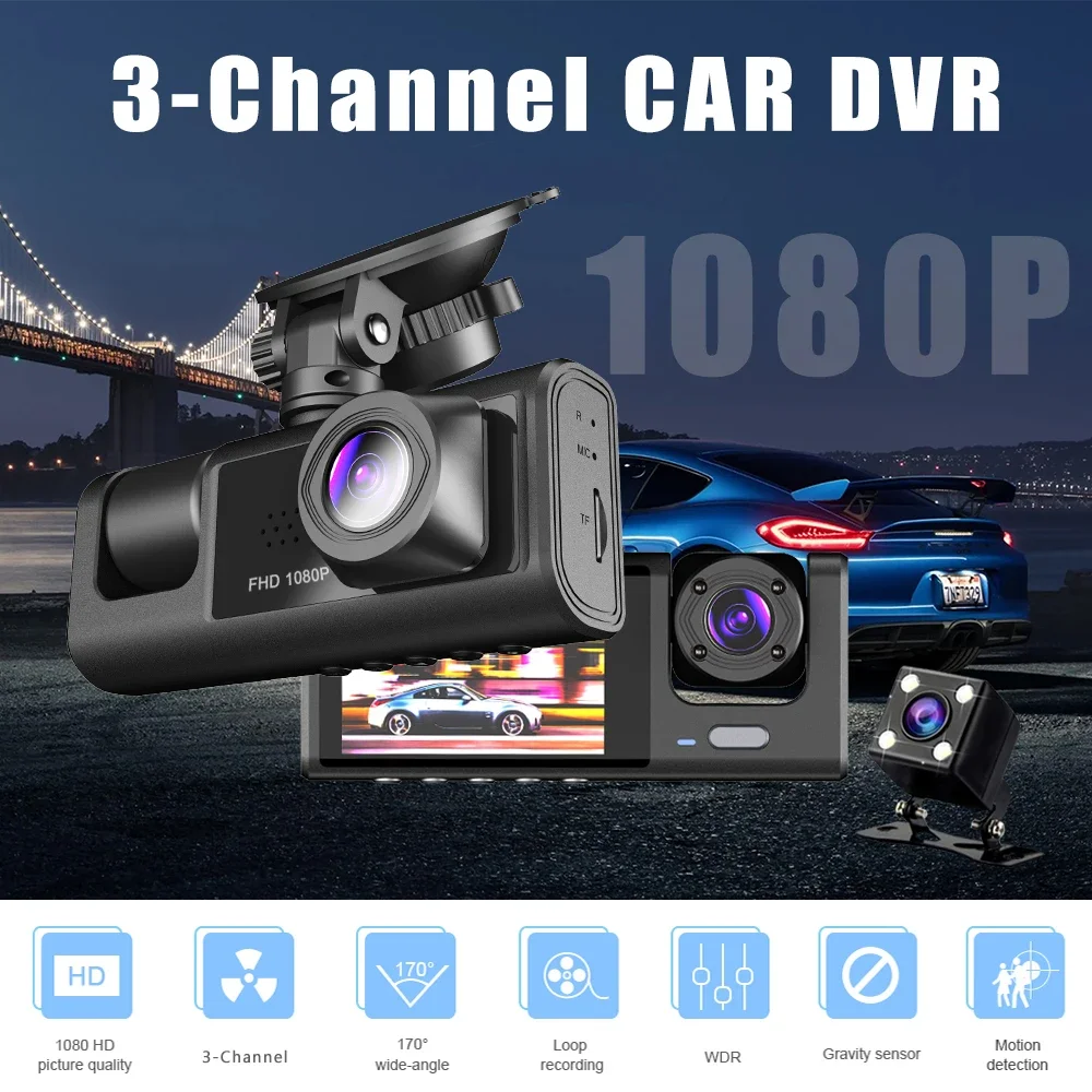 2.0Inch Car DVR Dash Cam HD Dash Camera Three Way Lens Video Recorder 1080P Black Box Cycle Recording Dashcam Camcorder