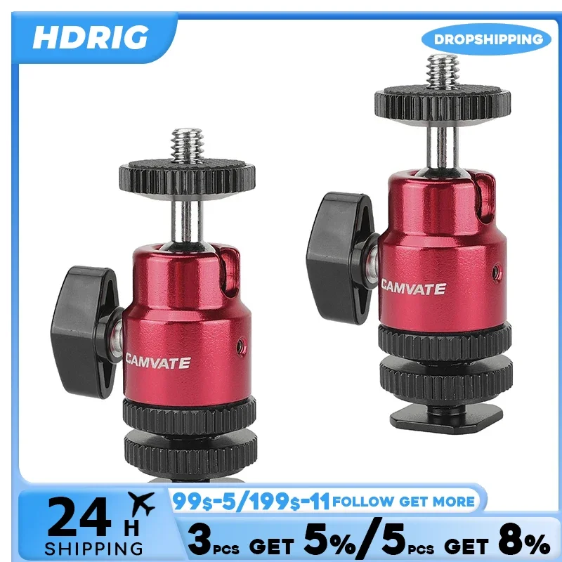 HDRIG Mini Ball Head With 360° Shoe Mount Adapter (2-Pack) for Monitor/ Microphone/ Video Light DSLR Camera cage